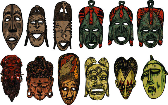 Ethnic mask set Vector illustration - Hand drawn