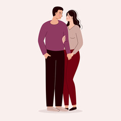 Beautiful young man and woman hugging, loving couple. Valentine's day, love, date. Flat vector illustration