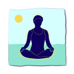 Vector graphic of a person sitting and meditating in nature. Representing the centered self, yoga and meditation. The color palette is kept calm and the forms are simple.