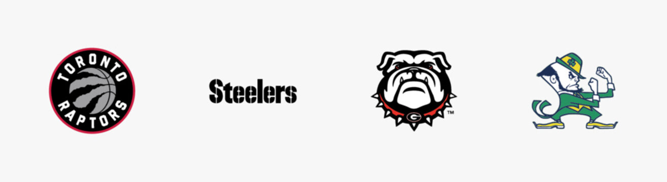 UGA Dog logo, Pittsburgh Steelers Wordmark logo, Toronto Raptors logo, University of Notre Dame Leprechaun logo, Sports editorial vector logo is printed on white paper.