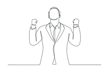Continuous one line drawing businessman hand rise up and victory expression. Business success concept. Single line draw design vector graphic illustration.