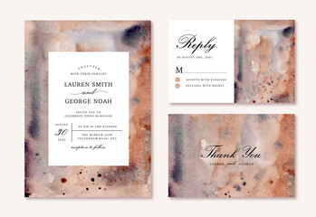wedding invitation with brown abstract watercolor background