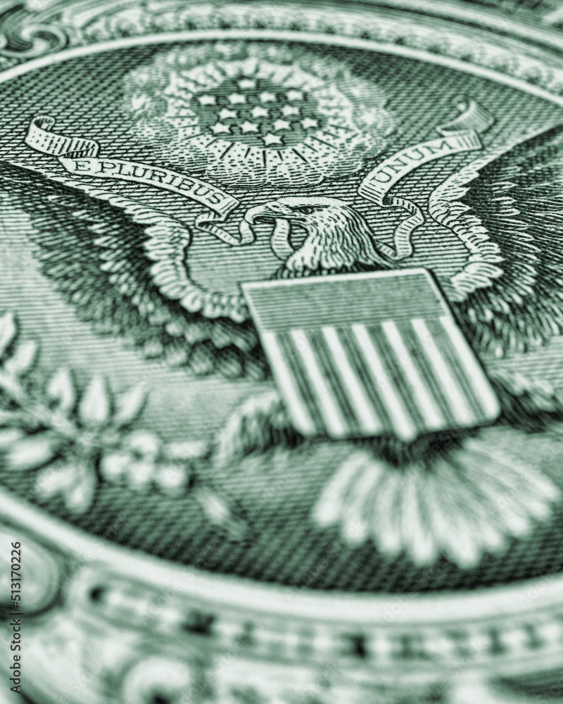 Wall mural 1 us dollar. fragment of banknote. reverse of bill with the great seal. the bald eagle is the nation