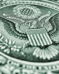 1 US dollar. Fragment of banknote. Reverse of bill with the Great Seal. The bald eagle is the national symbol. Gray-green tinted vertical stories. American treasury and treasuries. Economy of the USA
