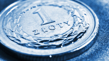Translation: 1 zloty. Fragment of Polish one zloty coin closeup. National currency of Poland. Blue tinted illustration for news about currency or finance. Macro