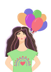 Happy girl smiling and holding balloons. Happy birthday postcard. Holiday  poster. Vector.