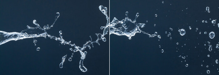 Splash and drops of water on a blue background.