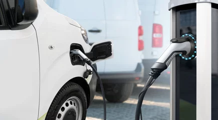 Electric delivery van with electric vehicles charging station. 