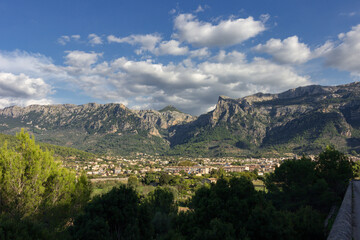 Fototapeta na wymiar Town of Soller in the middle of the mountains in Mallorca (Spain)