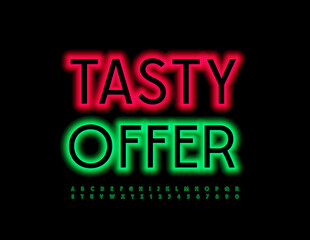 Vector promo sign Tasty Offer. Neon Green Font. Bright Glowing Alphabet Letters and Numbers set