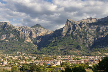 Town of Soller in the middle of the mountains in Mallorca (Spain)