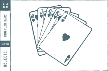 Royal flush hearts Vector illustration - Hand drawn - Out line