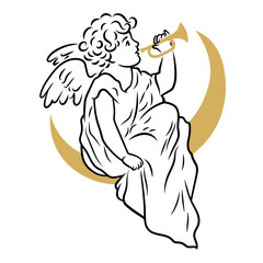 Boy Angel playing on a Trumpet sitting on the Moon. Symbol, sign, black, icon, silhouette, tattoo, label. Vintage, retro, paper cut.