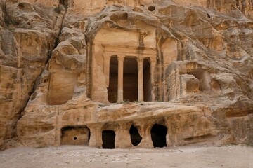 Little Petra (Siq al-Barid), Jordan - circa May 2022: Temple in ancient town Little Petra