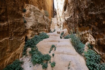 Beautiful scenery of stone stairs to viewpoint in Little Petra (Siq al-Barid) to Petra. Jordan,...