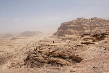 Wonderful mountain views on the Jordan Trail from Little Petra (Siq al-Barid) to Petra. Silhouette...