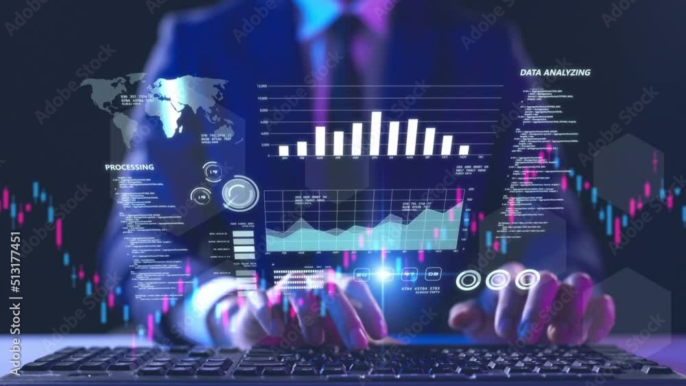 Poster business finance data analytics graph chart report, man using mobile tablet searching investment dat