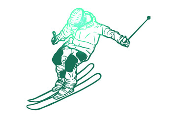  Skier skiing downhill - vector illustration - Out line