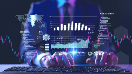 Business finance data analytics graph chart report, man using mobile tablet searching investment data digital GDP marketing KPI sale report, financial management technology, virtual screen metaverse. - Powered by Adobe