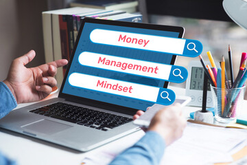 Money management mindset text with person working