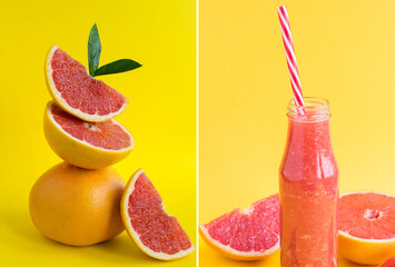 Collage. Pyramid of grapefruit  in balance and grapefruit smoothie in a glass bottle on the yellow background. Closeup. - obrazy, fototapety, plakaty