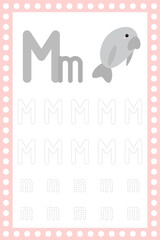 Letter M lowercase. Worksheet. Children's education. Manatee illustration. Vector typeset. Alphabetical font. Preschool training.