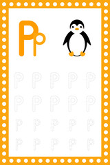 Letter P lowercase. Worksheet. Children's education. Penguin illustration. Vector typeset. Alphabetical font. Preschool training.