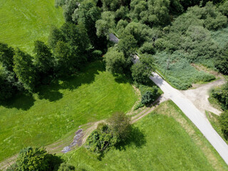 Aerial view of an agricultural field with grain planted in spring in Bavaria