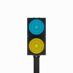frontal view of a double traffic light with blue and yellow colors. National colors of Ukraine....