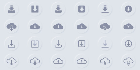 Download Button Line and Silhouette Icon Set. Cloud, Circle, Arrow Down Upload Concept Symbol. Down Load Web App, File, Video, Document Pictogram. Isolated Vector Illustration