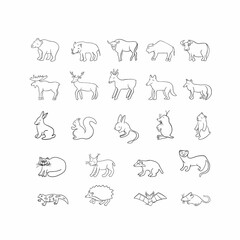 Vector set of black outlines of wild animals.