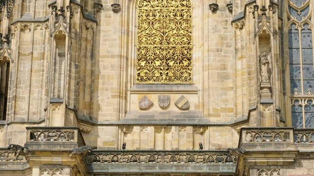 Details of St. Vitus cathedral in Prague castle. popular tourist attraction. Travel and sights of city breaks. landmarks, travel guide and postcard.