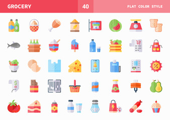 Grocery icons set. Flat color set of vector. Can used for digital product, presentation, UI and many more.