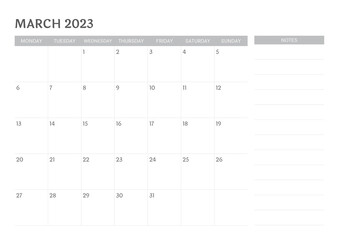 calendar March 2023 with notes