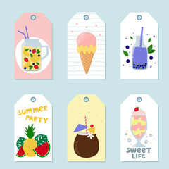 Gift tags with summer elements. Cartoon tropical fruit, ice cream, milkshake, cocktails. Colorful summer labels