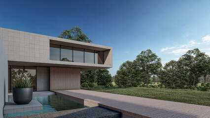 Fototapeta premium 3D rendering illustration of modern house with natural Landscape