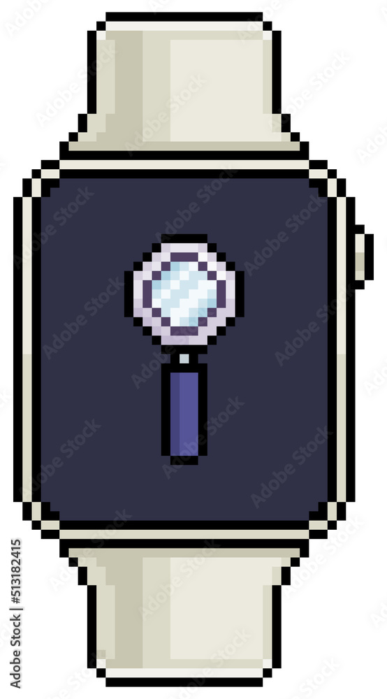 Poster pixel art smartwatch with magnifying glass menu vector icon for 8bit game on white background