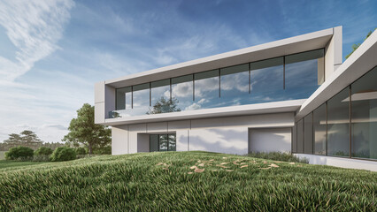 3D rendering illustration of modern house with natural Landscape