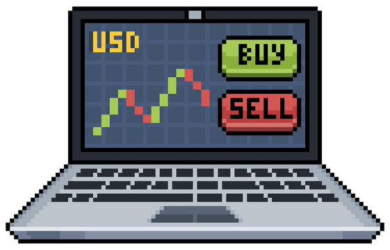 Pixel art laptop with dollar graphic. Forex broker. buy dollar vector icon for 8bit game on white background
