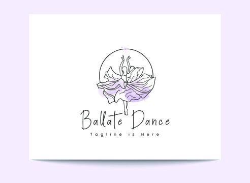 line drawing ballerina art logo template for a dance club or studio. watercolor effect purple dress female dancing isolated on a white background. Vector illustration