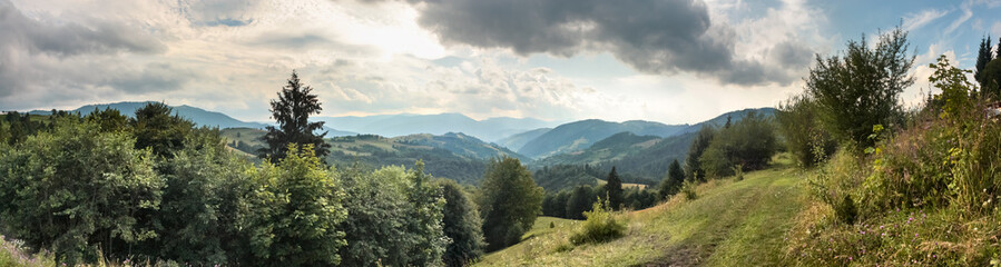 Beautiful landscape, panorama, banner, with a view of the Ukrainian Carpathians, Western Ukraine. - obrazy, fototapety, plakaty