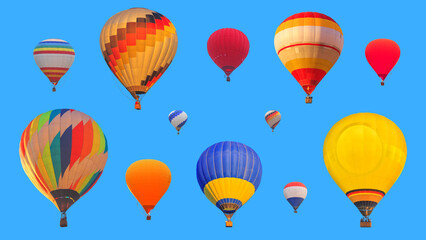 Fototapeta na wymiar Set of colorful hot air balloons isolated on a blue sky background