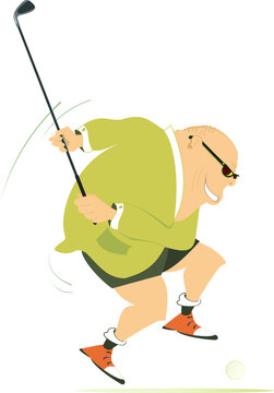 Cartoon golfer man on the golf course illustration. 
Smiling fat bald-headed golfer in sunglasses hitting golf ball with club. Isolated on white background
