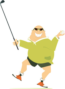 Cartoon golfer man on the golf course illustration. 
Dancing fat bald-headed golfer in sunglasses holds golf ball and golf club. Isolated on white background
