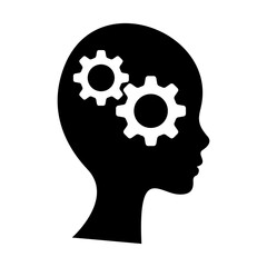 Black icon of head of man and cogwheel. Silhouette of head and gear wheel. Flat design.