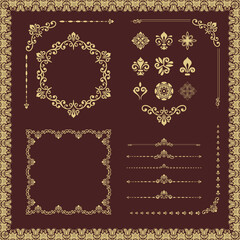 Vintage set of golden horizontal, square and round elements. Different elements for backgrounds, frames and monograms. Classic golden patterns. Set of vintage patterns
