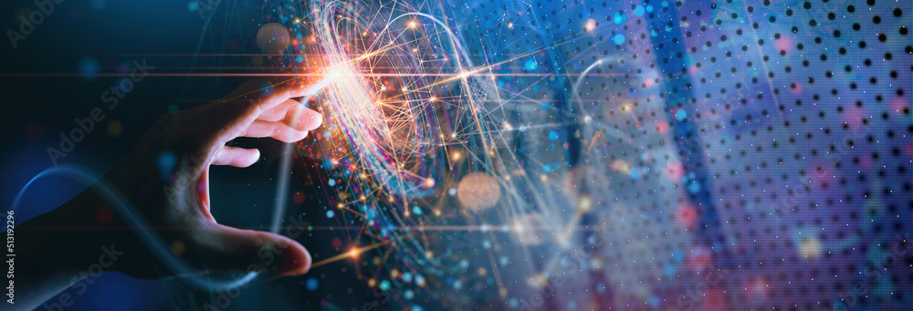 Aufkleber Woman hand touching The metaverse universe data science,Digital transformation conceptual for next generation technology era.data science