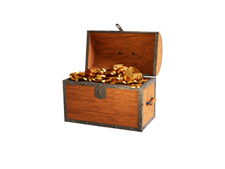 Wooden open chest with gold coins. 3d rendering illustration on white isolated background.. - obrazy, fototapety, plakaty