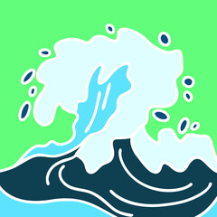 Sea wave, powerful splash energy of nature. Nautical ocean theme with ocean storm, summer holiday. For surfing and sailing decoration element. Hand drawn vector illustration. Cartoon style drawing.