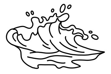 Sea wave, powerful splash energy of nature. Nautical ocean theme with ocean storm, summer holiday. For surfing and sailing decoration element. Hand drawn illustration. Cartoon style line drawing.